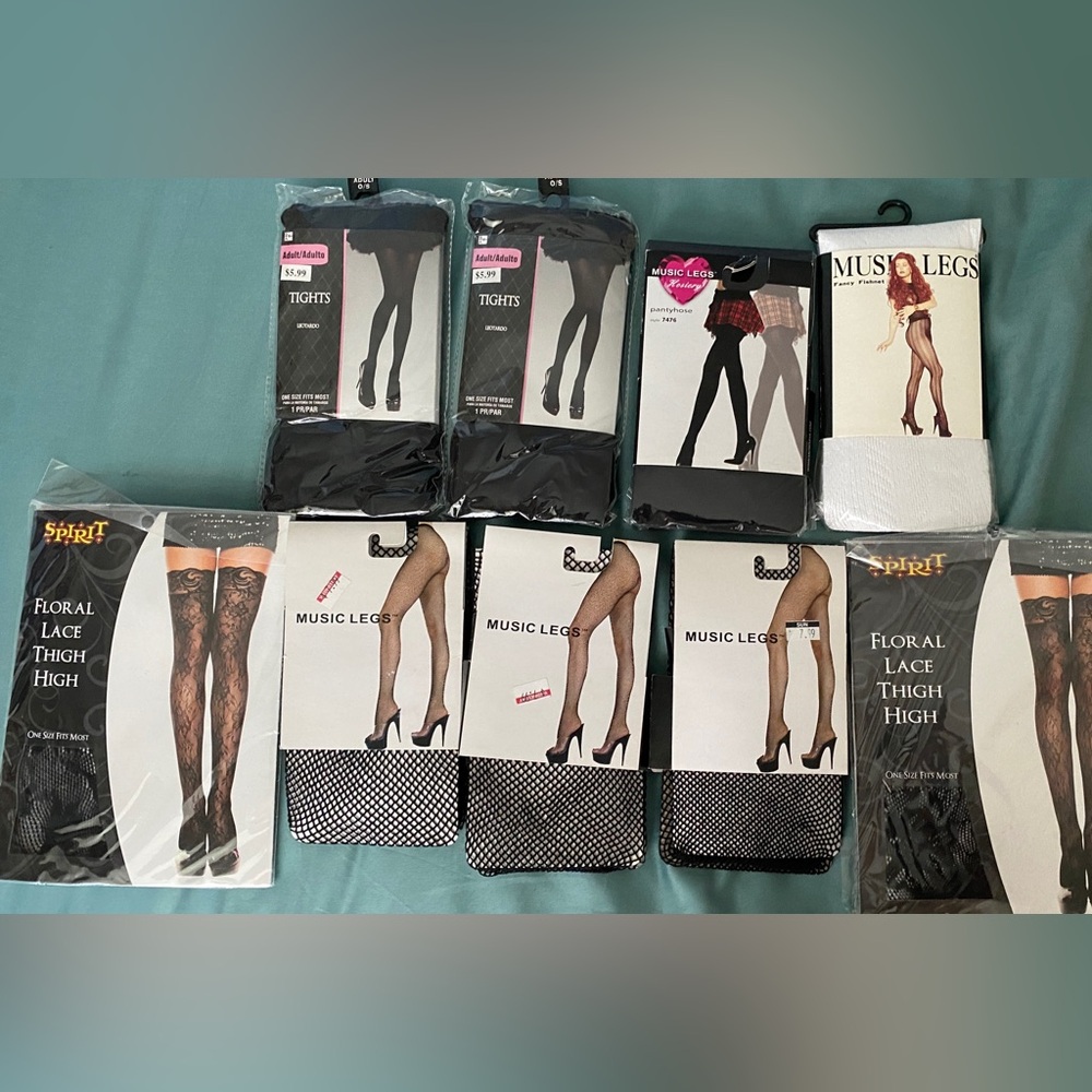 9 pantyhose. NIB 3bl tights, 3 fishnets 2 bl floral stockings.1 white leggings.